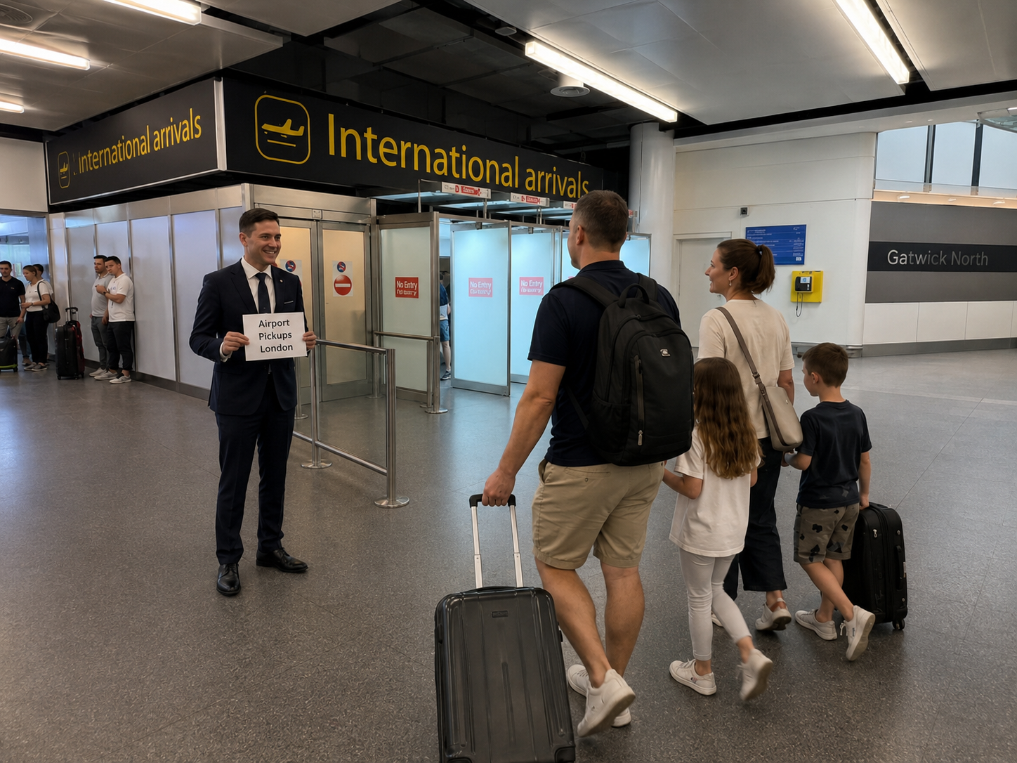 Gatwick North Terminal — meet your driver in front of the arrivals gate.