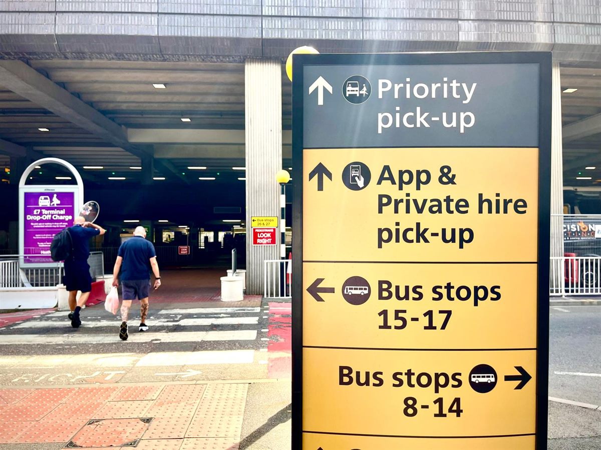 Heathrow Terminal 4 — follow the yellow "App & Private Hire Pick-Up" signs from arrivals.