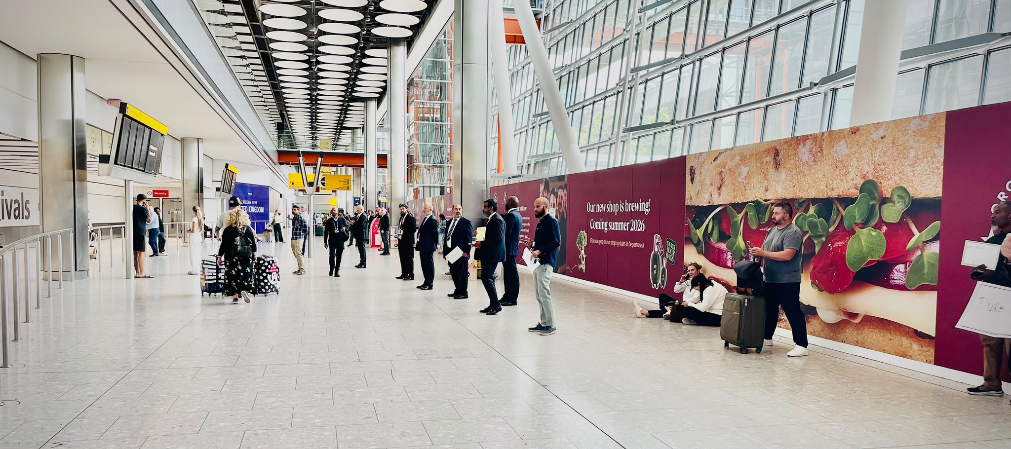 Heathrow Terminal 5 — meet your driver outside Pret A Manger, opposite International Arrivals (Pret is closed for renovation; look for the Pret name on the construction boards).