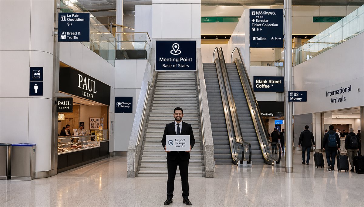 St Pancras International — your driver waits at the base of the central stairs, between PAUL Le Café and Blank Street Coffee.